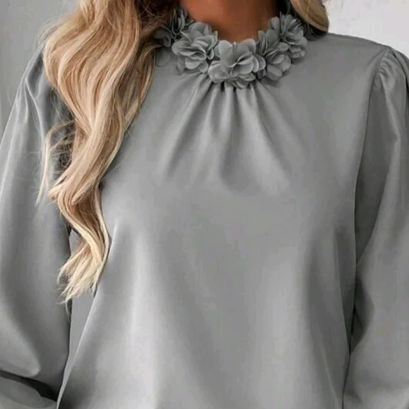 Spring/Autumn Casual Solid Color Puff Sleeve Shirt With Stand Collar Flower - Picture 3 of 4